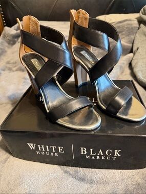 White House Black Market Black Leather Crisscross Block Heel Sandals